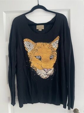 Wildfox Black Sweater with Gold Sequin Panther Face